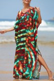 Red Casual Print Patchwork Slit V Neck Beach Dress Dresses
