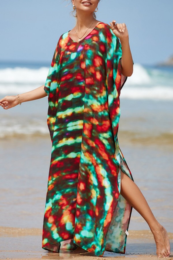 Red Green Casual Print Patchwork Slit V Neck Beach Dress Dresses