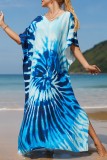 Red Casual Print Patchwork Slit V Neck Beach Dress Dresses