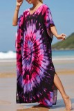 Red Casual Print Patchwork Slit V Neck Beach Dress Dresses