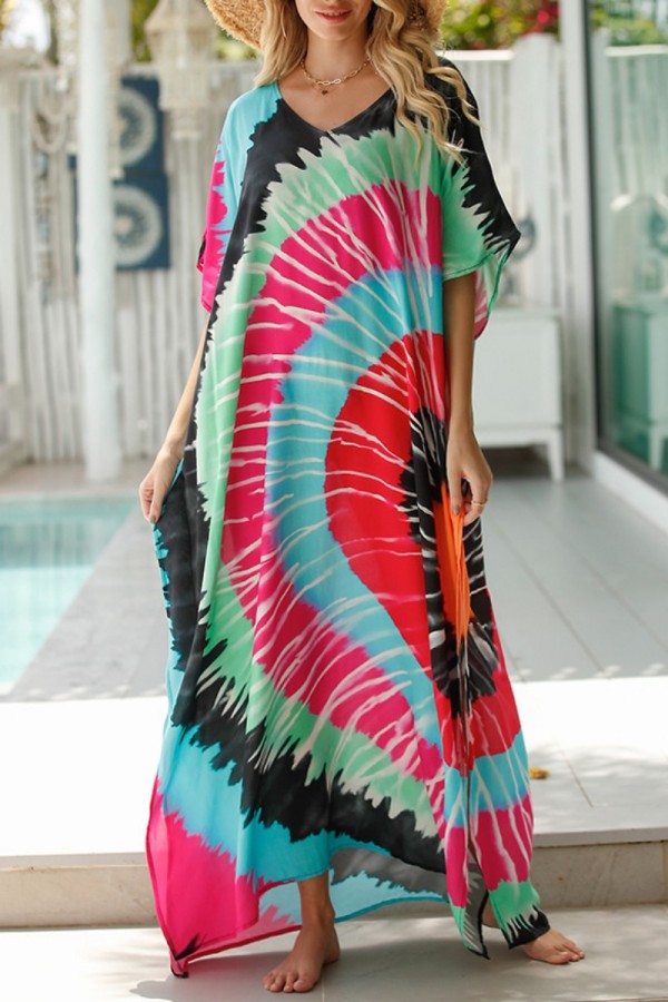 Light Green Casual Print Patchwork Slit V Neck Beach Dress Dresses