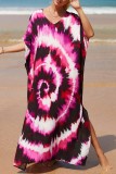 Red Casual Print Patchwork Slit V Neck Beach Dress Dresses