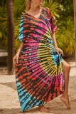 Red Casual Print Patchwork Slit V Neck Beach Dress Dresses