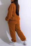 Caramel Colour Street Print Letter O Neck Long Sleeve Two Pieces