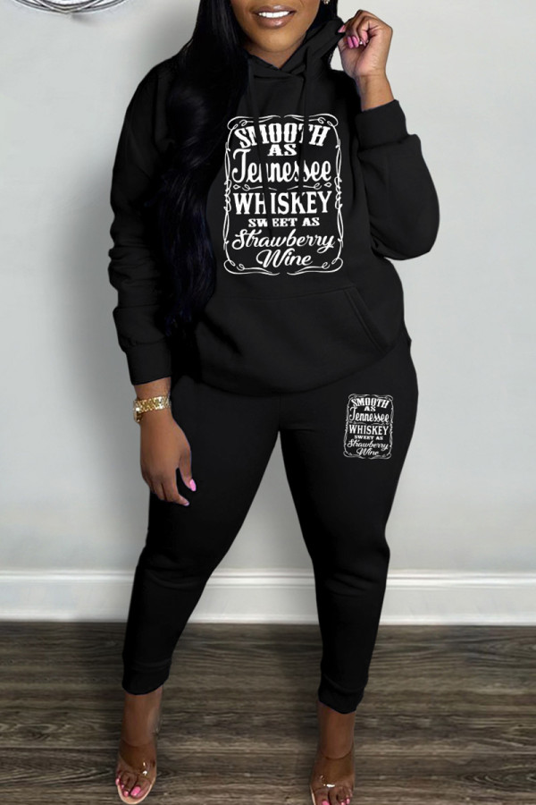 Black Casual Letter Print Basic Hooded Collar Long Sleeve Two Pieces