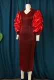 Red Casual Solid Patchwork V Neck One Step Skirt Dresses