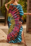 Red Casual Print Patchwork Slit V Neck Beach Dress Dresses