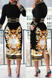Black Casual Print Patchwork Slit Turtleneck Long Sleeve Dresses