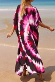 Red Casual Print Patchwork Slit V Neck Beach Dress Dresses