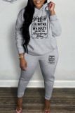 Red Casual Letter Print Basic Hooded Collar Long Sleeve Two Pieces