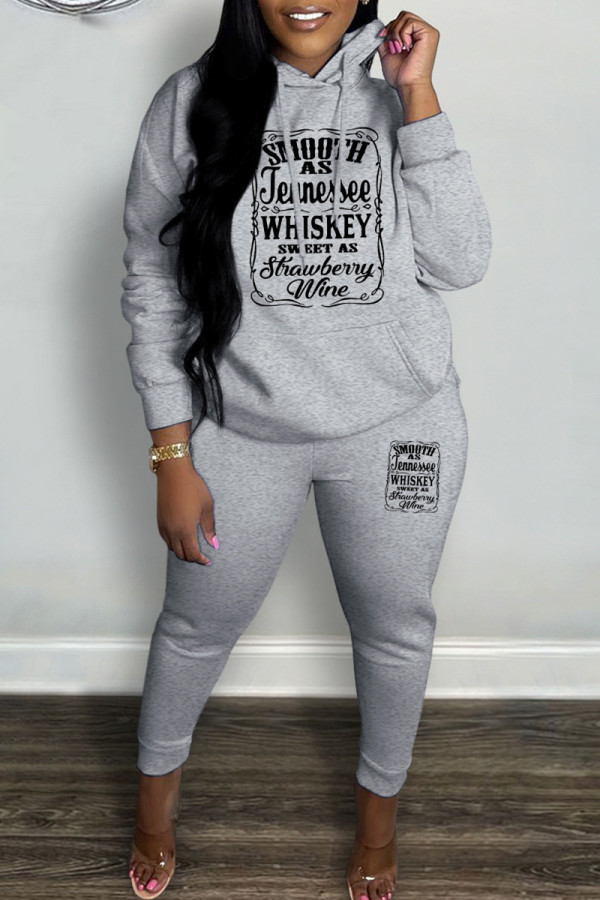 Grey Casual Letter Print Basic Hooded Collar Long Sleeve Two Pieces
