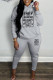 Grey Casual Letter Print Basic Hooded Collar Long Sleeve Two Pieces