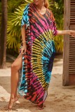 Red Casual Print Patchwork Slit V Neck Beach Dress Dresses