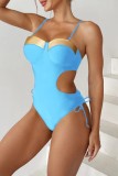 Lake Blue Sexy Solid Hollowed Out Patchwork Frenulum Backless Swimwears (With Paddings)