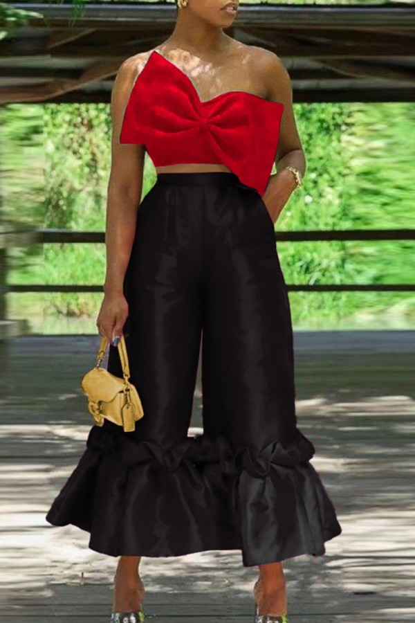 Red Black Sexy Casual Solid Patchwork Backless With Bow Strapless Sleeveless Two Pieces