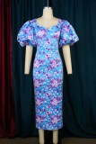 Blue Casual Print Patchwork V Neck One Step Skirt Dresses