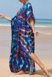 Red Casual Print Patchwork Slit V Neck Beach Dress Dresses