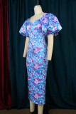 Blue Casual Print Patchwork V Neck One Step Skirt Dresses