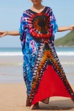 Red Casual Print Patchwork Slit V Neck Beach Dress Dresses