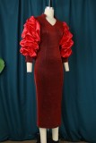 Red Casual Solid Patchwork V Neck One Step Skirt Dresses
