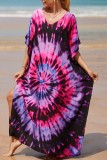 Red Casual Print Patchwork Slit V Neck Beach Dress Dresses