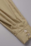Khaki Casual Solid Patchwork Turndown Collar Tops