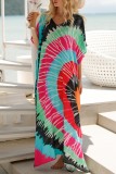 Red Casual Print Patchwork Slit V Neck Beach Dress Dresses