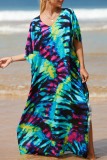 Red Casual Print Patchwork Slit V Neck Beach Dress Dresses