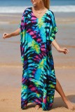 Red Casual Print Patchwork Slit V Neck Beach Dress Dresses