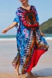 Red Casual Print Patchwork Slit V Neck Beach Dress Dresses