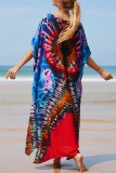 Red Casual Print Patchwork Slit V Neck Beach Dress Dresses