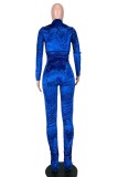 Deep Blue Casual Solid Fold Zipper Collar Long Sleeve Two Pieces