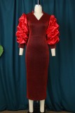 Red Casual Solid Patchwork V Neck One Step Skirt Dresses