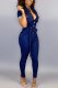 Dark Blue Casual Fashion Button Short Sleeve Turndown Collar Jumpsuits