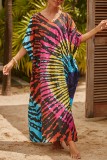 Red Casual Print Patchwork Slit V Neck Beach Dress Dresses