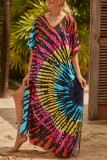 Red Casual Print Patchwork Slit V Neck Beach Dress Dresses