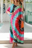 Red Casual Print Patchwork Slit V Neck Beach Dress Dresses