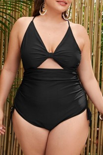 Black Sexy Print Solid Hollowed Out Backless Cross Straps V Neck Plus Size Swimwear