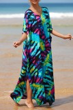 Red Casual Print Patchwork Slit V Neck Beach Dress Dresses
