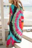 Red Casual Print Patchwork Slit V Neck Beach Dress Dresses