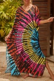 Red Casual Print Patchwork Slit V Neck Beach Dress Dresses
