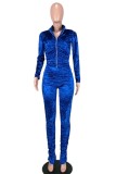 Deep Blue Casual Solid Fold Zipper Collar Long Sleeve Two Pieces