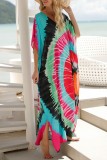 Red Casual Print Patchwork Slit V Neck Beach Dress Dresses