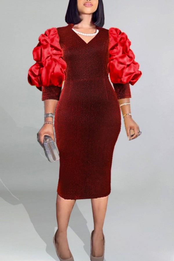 Red Casual Solid Patchwork V Neck One Step Skirt Dresses