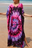 Red Casual Print Patchwork Slit V Neck Beach Dress Dresses