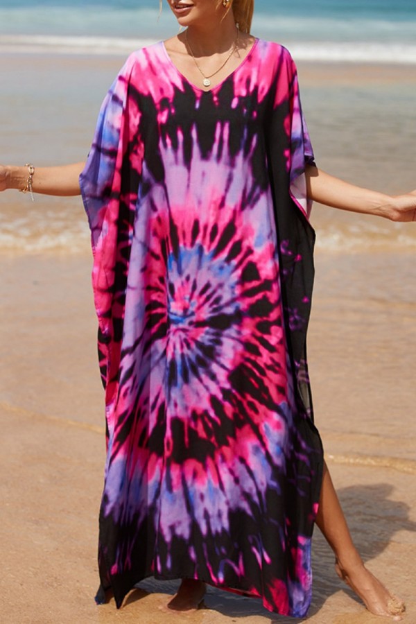 Purple Casual Print Patchwork Slit V Neck Beach Dress Dresses