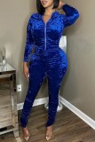 Deep Blue Casual Solid Fold Zipper Collar Long Sleeve Two Pieces