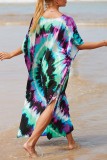 Red Casual Print Patchwork Slit V Neck Beach Dress Dresses