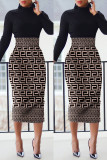 Black Casual Print Patchwork Slit Turtleneck Long Sleeve Dresses