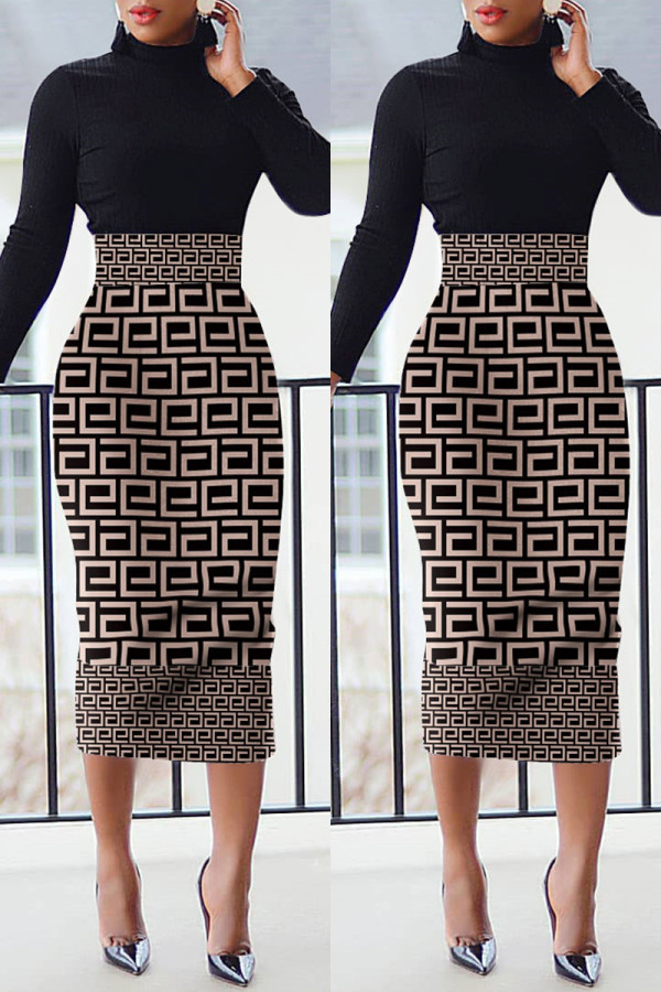 Black Casual Print Patchwork Slit Turtleneck Long Sleeve Dresses